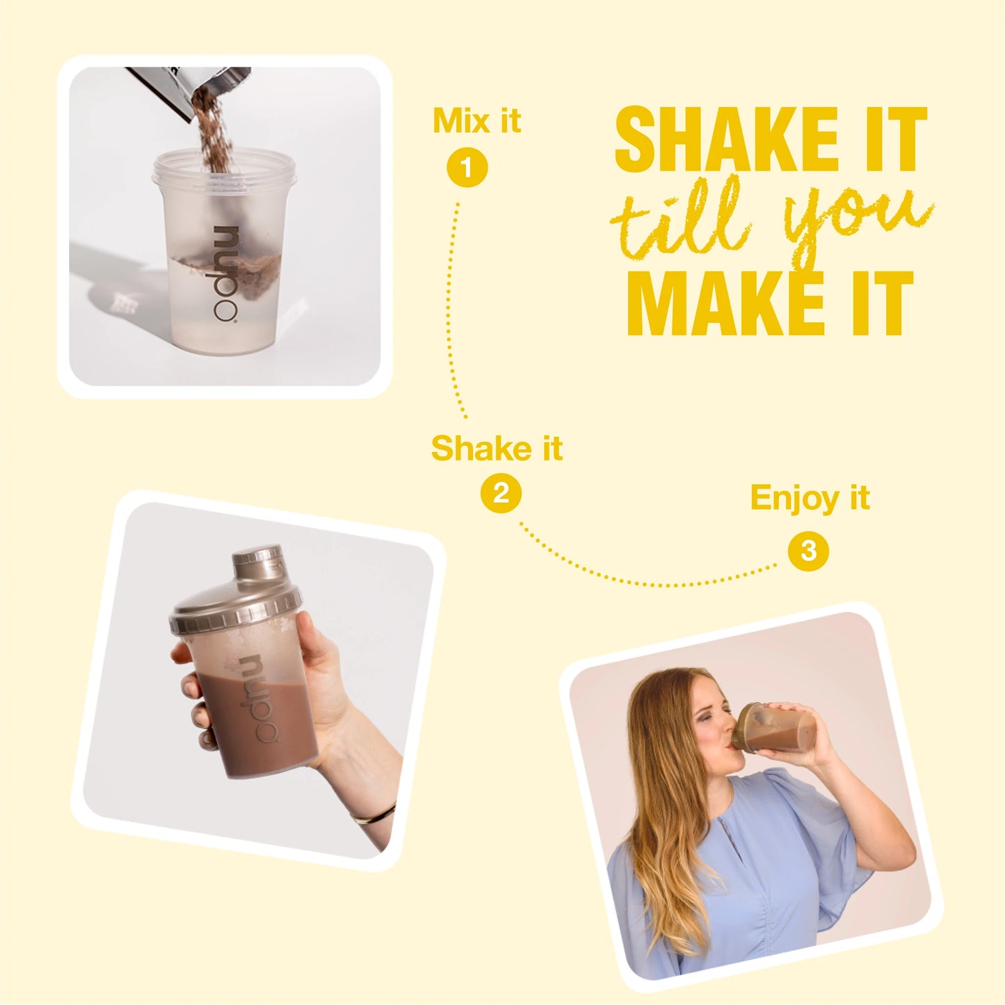 An image illustrating the steps to prepare a drink: mixing, shaking, and enjoying it.