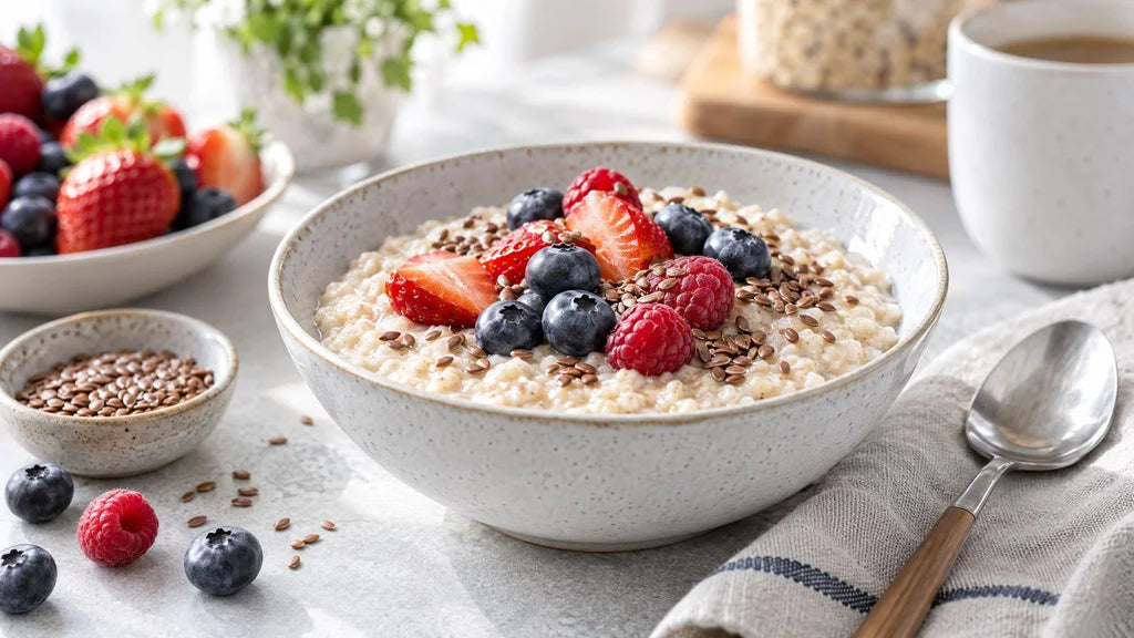 Haferbrei mit Beeren und Leinsamen in einer Schale auf einem hellen Tisch (KI-generiertes Bild)