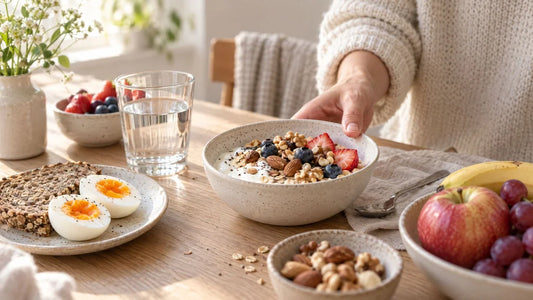 (KI-generiertes Bild) Frühstückstisch mit Joghurt, Haferflocken, Eiern und Nüssen im Morgenlicht, eine Hand greift zur Schüssel