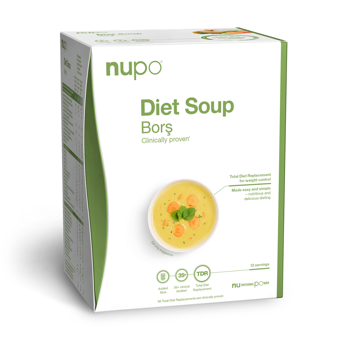 Bors Diet Soup box with prominent label, clinically proven for weight control and total diet replacement.