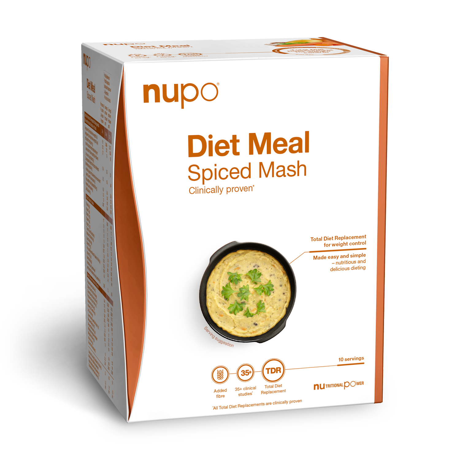 Verpackung von Nupo Diet Meal Spiced Mash, einem klinisch getesteten, würzigen Kartoffelpüree.