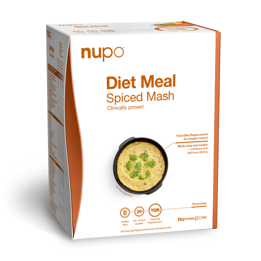 Verpackung von Nupo Diet Meal Spiced Mash, einem klinisch getesteten, würzigen Kartoffelpüree.