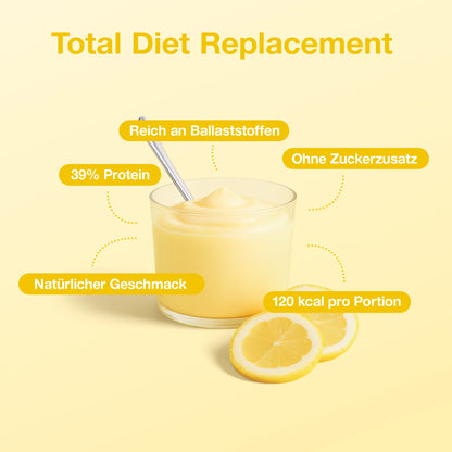 Lemon Pudding im Glas mit Zitronenscheiben, reich an Ballaststoffen und 120 kcal pro Portion, Total Diet Replacement.
