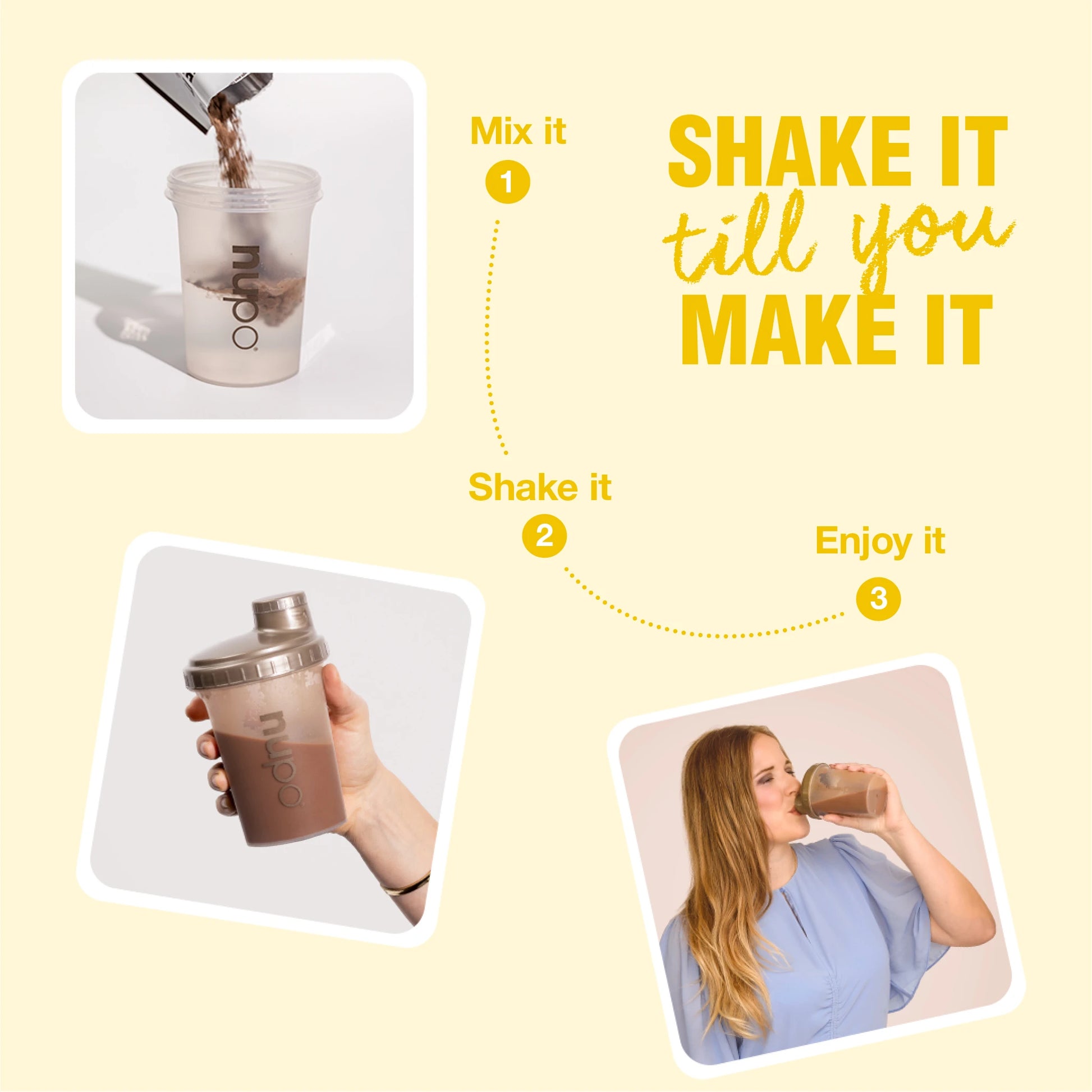 An image illustrating the steps to prepare a drink: mixing, shaking, and enjoying it.