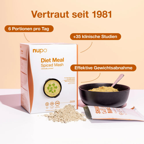 Verpackung von nupo Diet Meal Spiced Mash mit cremigem Kartoffelpüree für effektive Gewichtsabnahme und über 35 klinische Studien.