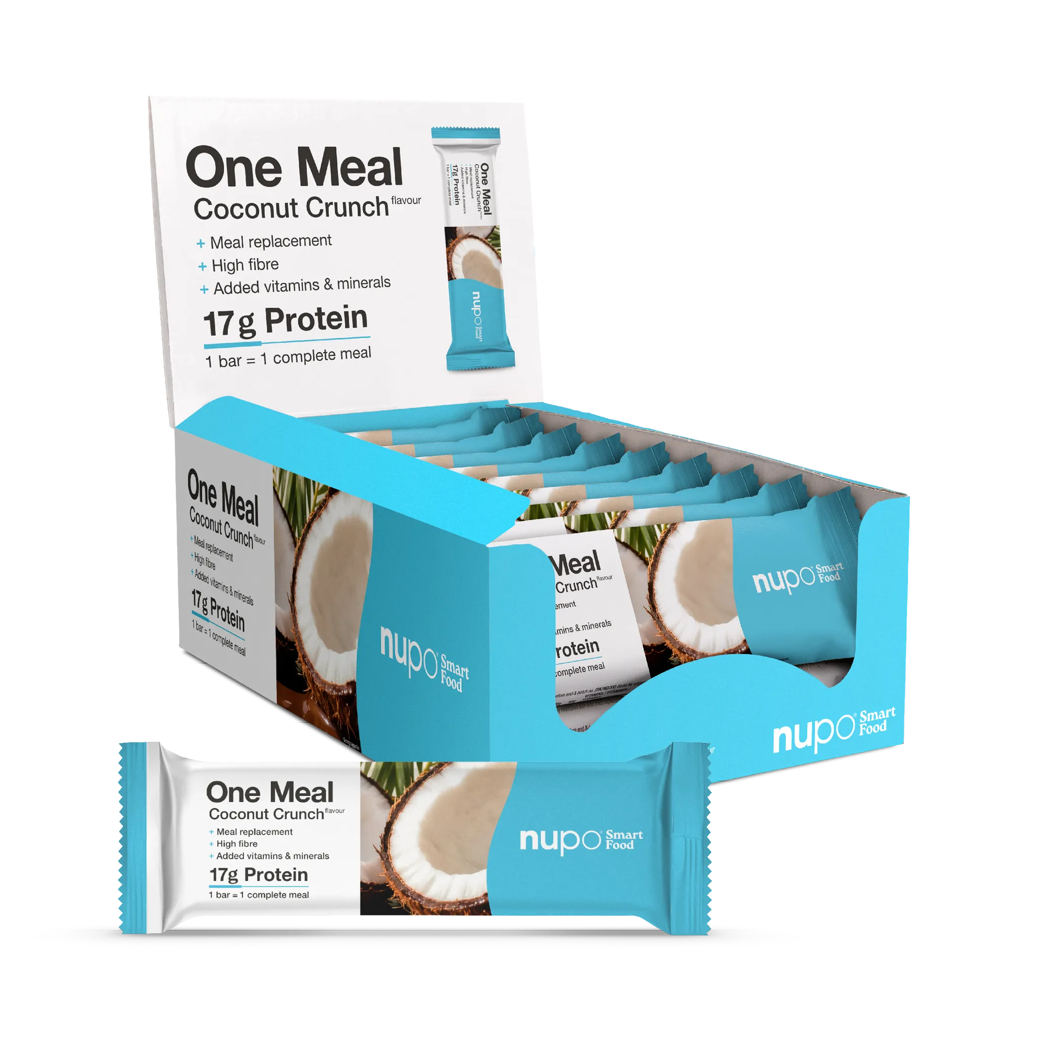 One Meal Coconut Crunch Riegel in Verpackung mit Kokosnuss-Design, ideal als Mahlzeitenersatz.
