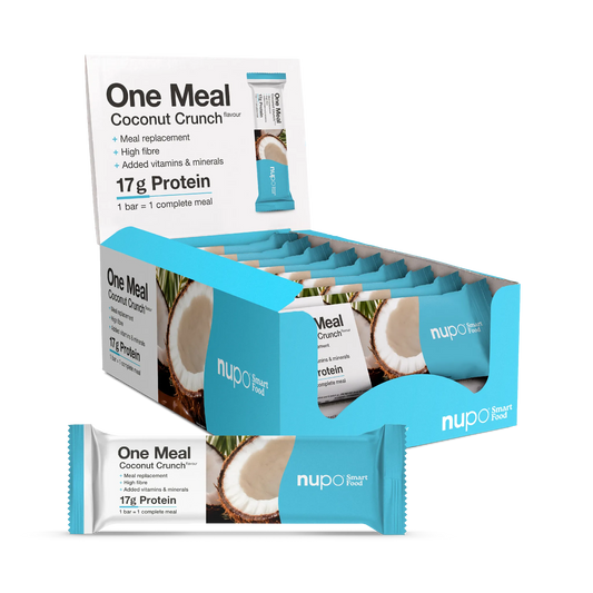 One Meal Coconut Crunch Riegel in Verpackung mit Kokosnuss-Design, ideal als Mahlzeitenersatz.