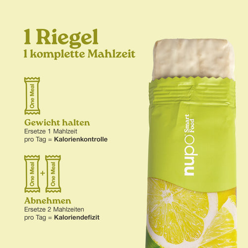 Nupo One Meal Bar Lemon Crunch Mahlzeitersatz Riegel stehend